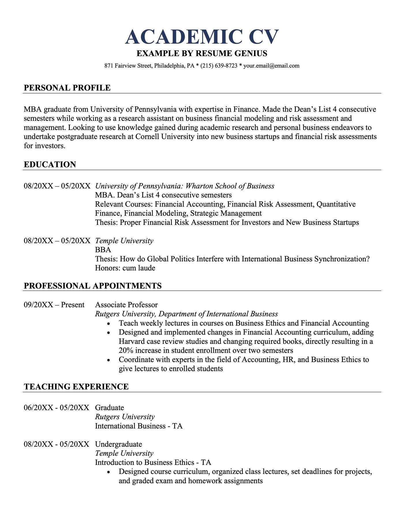 An example academic CV. 