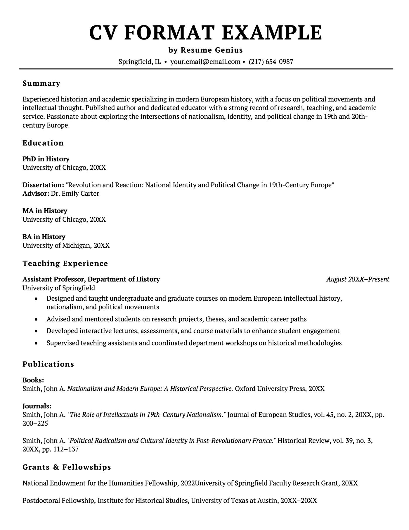 An example of academic CV format.