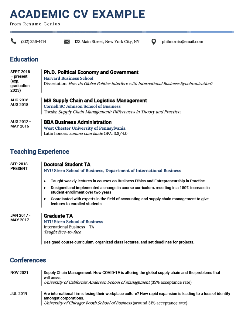 An example of an academic cv used to apply for a PhD program