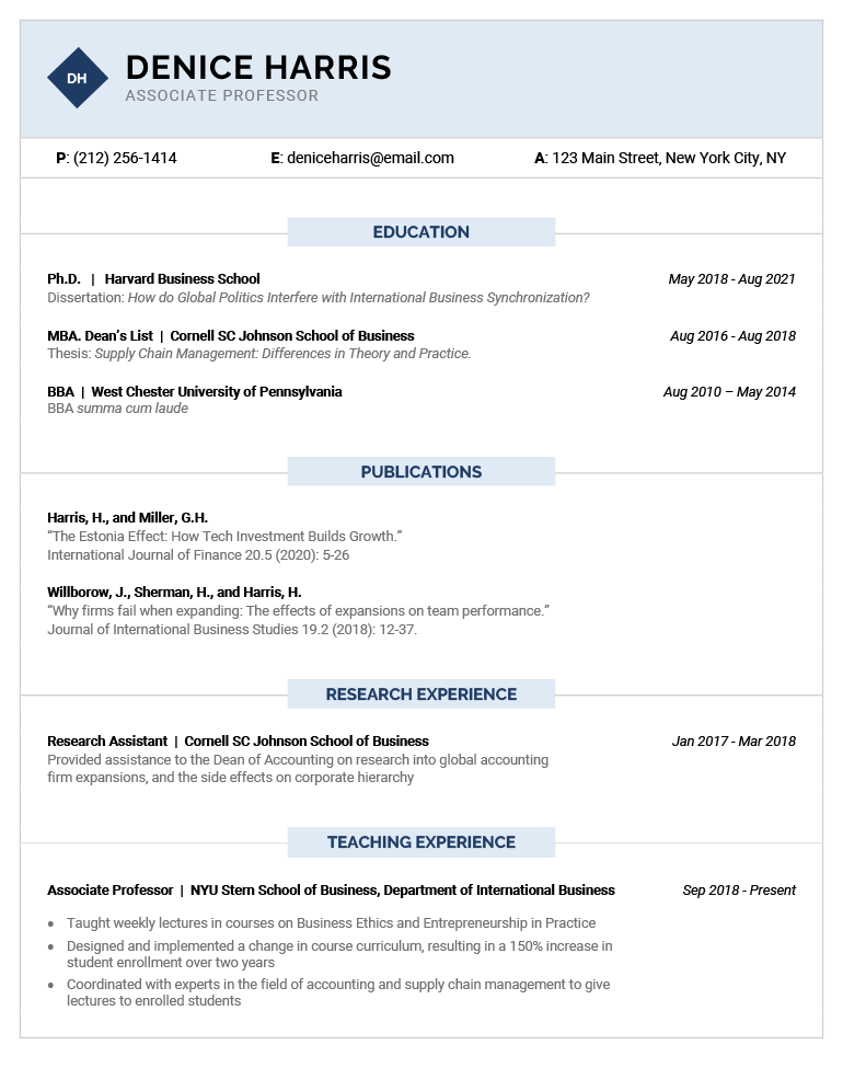 An example of an academic CV template for MS Word