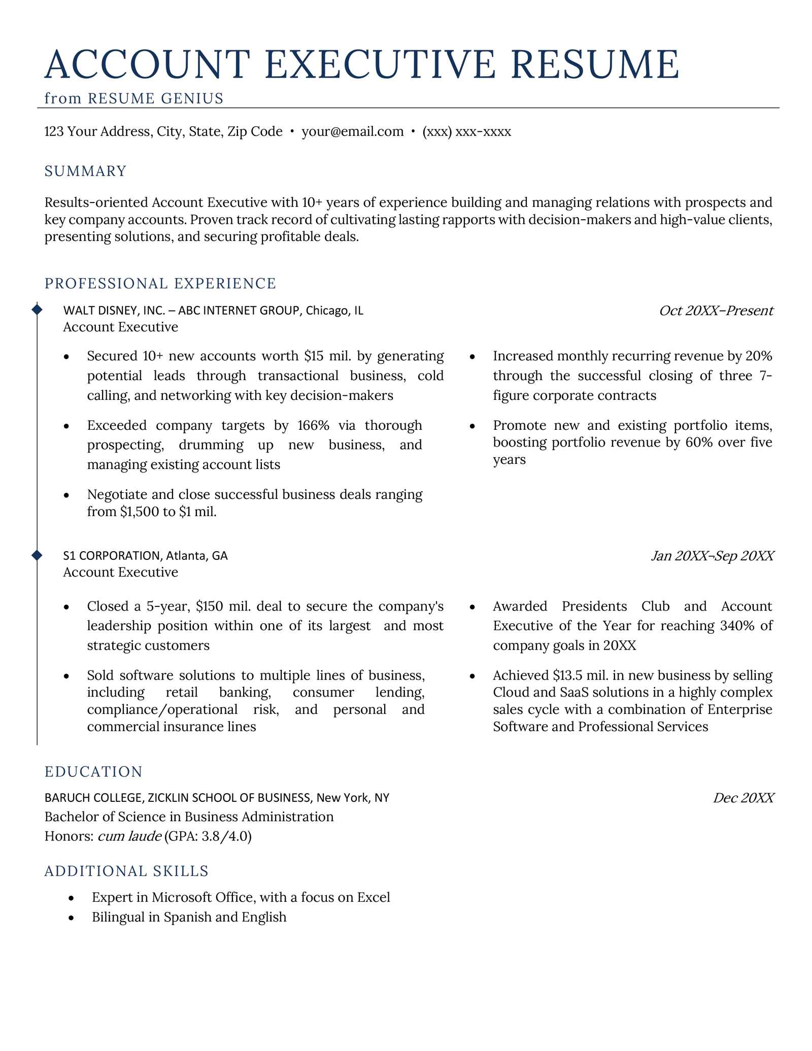 An account executive resume sample with sections for the applicant's resume summary, work experience, education, and additional skills