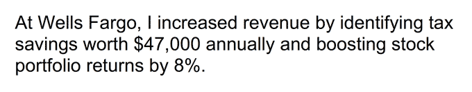 An example of an applicant discussing their financial expertise using dollar amounts and percentages in their accountant cover letter