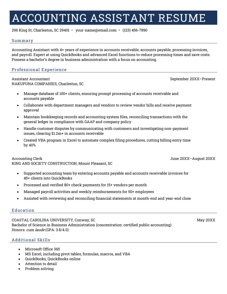sample resume for accounting specialist