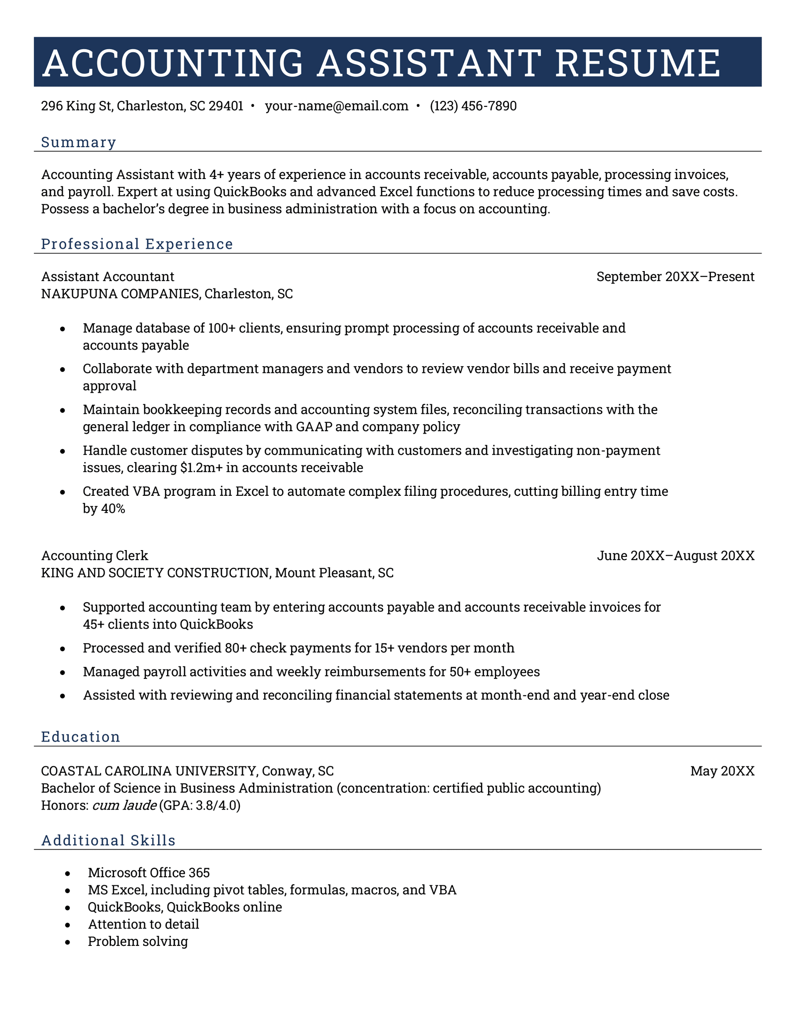 An accounting assistant resume sample with a dark blue header and sections for the applicant’s summary, professional experience, education, and additional skills.