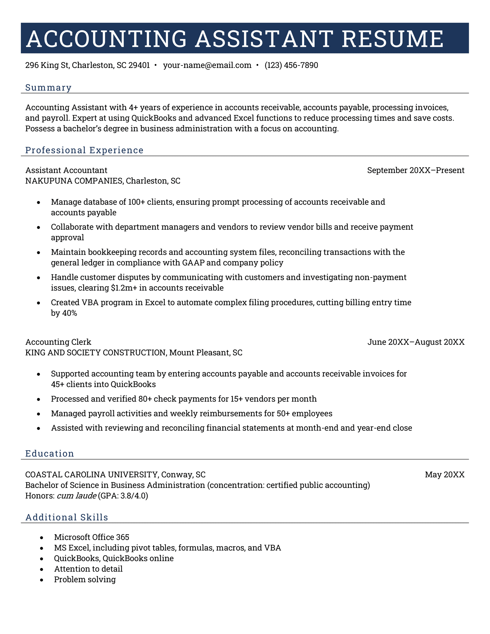 resume format for assistant accountant