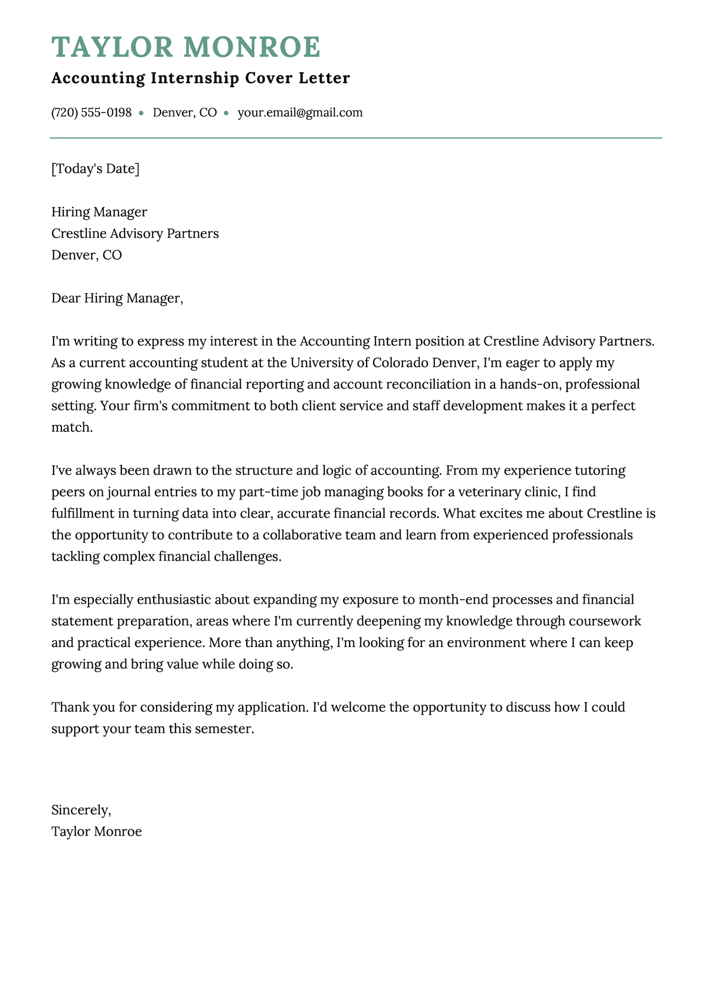 A cover letter example for an accounting internship.