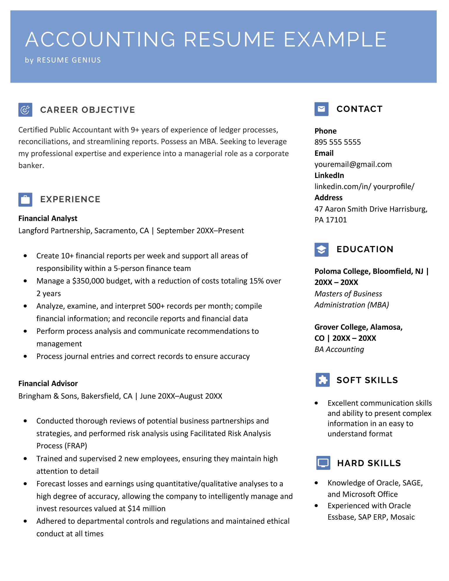 Accounting resume example that uses a sleek, blue design
