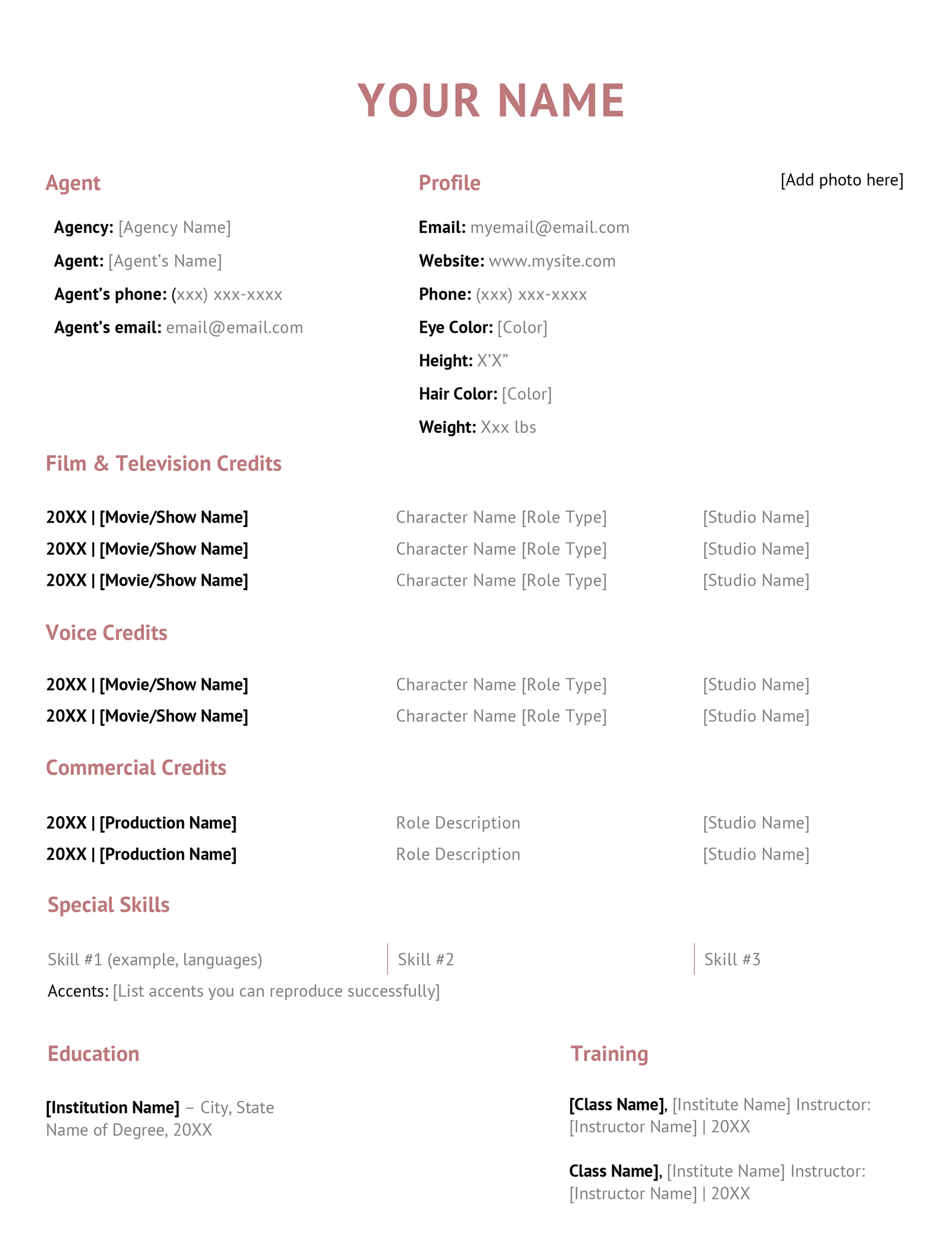 A fill-in acting resume template.