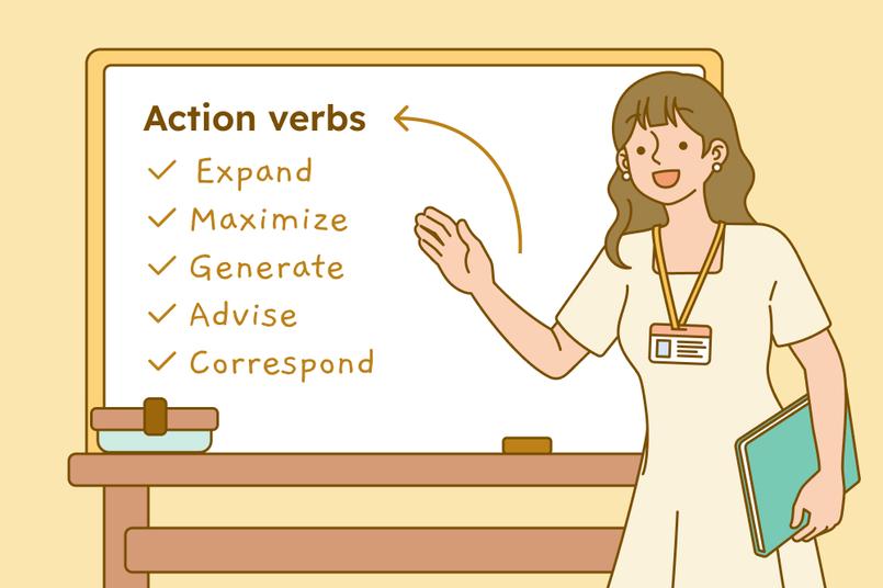 A person pointing to a whiteboard with a list of action verbs.