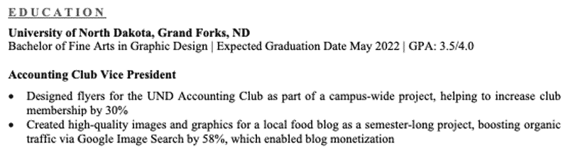 Image of the education section of a resume, highlighting extracurricular activities (accounting club in this case)