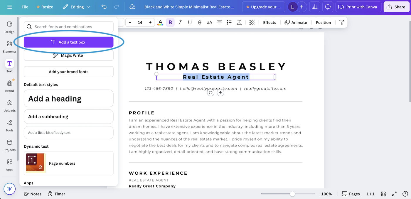 A screenshot showing how to add additional sections to a Canva resume template.