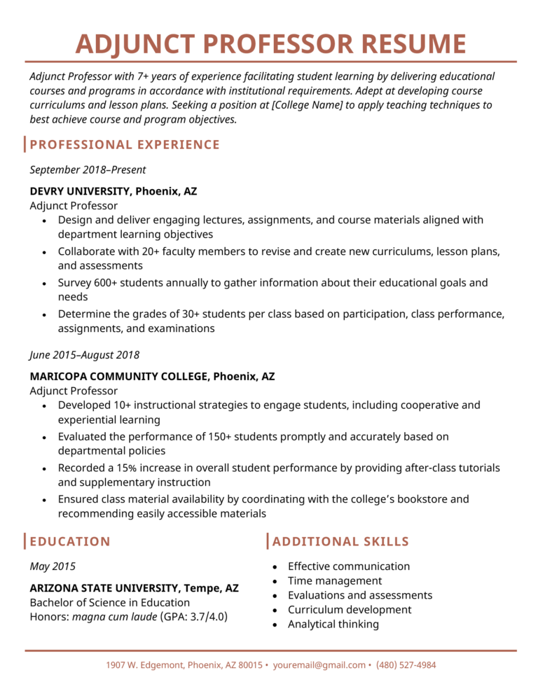 resume samples for college teaching positions
