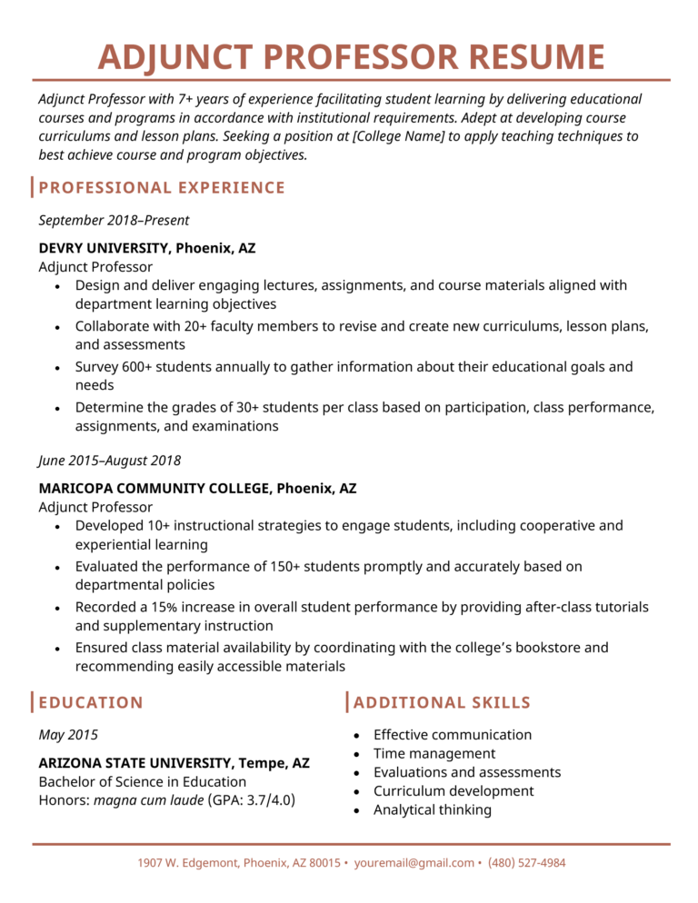 Resume for Adjunct Professor Tips & Free Download