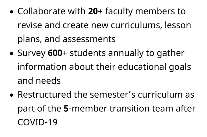 An adjunct professor resume's work experience section showing three examples of bolded hard numbers 