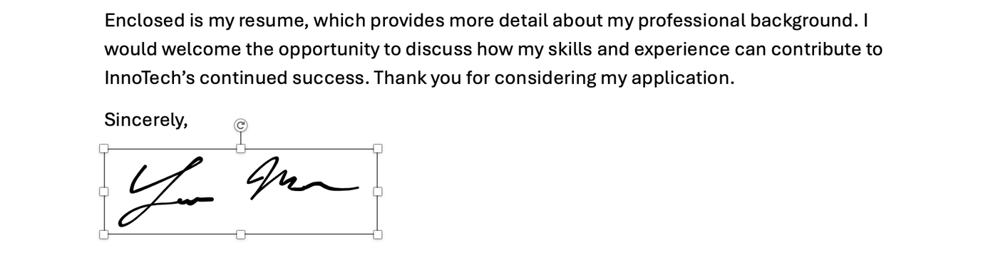 A screenshot of a cover letter signature showing how to adjust the image size in the Word document.