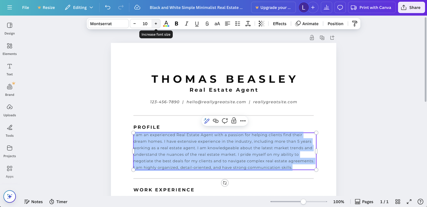 A screenshot showing how to adjust the formatting on a Canva resume template.