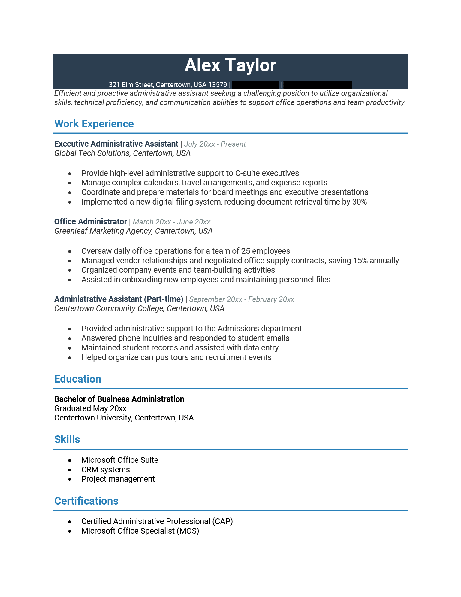 Resume written by an experienced administrative assistant that successfully won them a new job