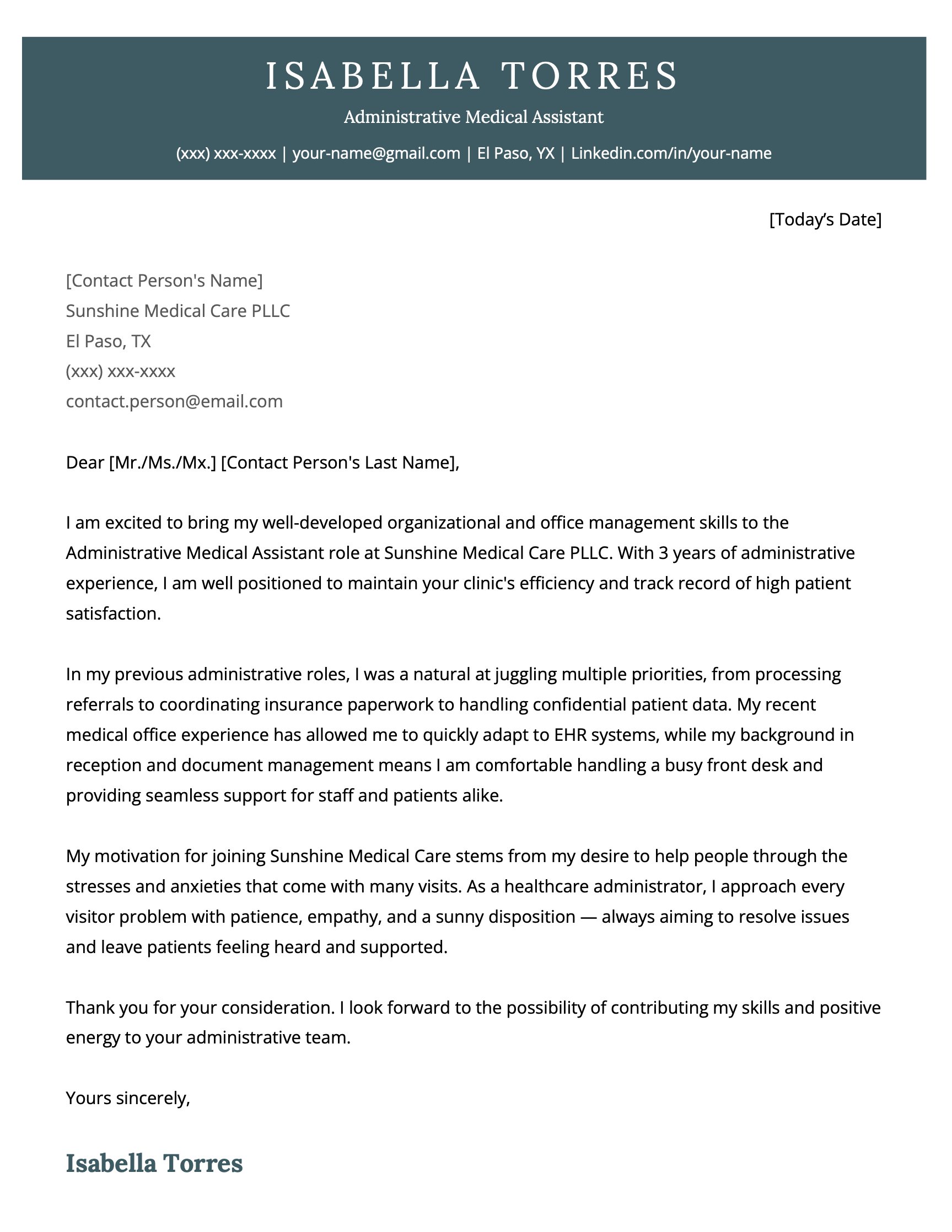 An example medical assistant cover letter for a medical administrative assistant job.