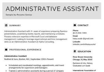 An example of an administrative assistant resume featuring a gray header and clean fonts.