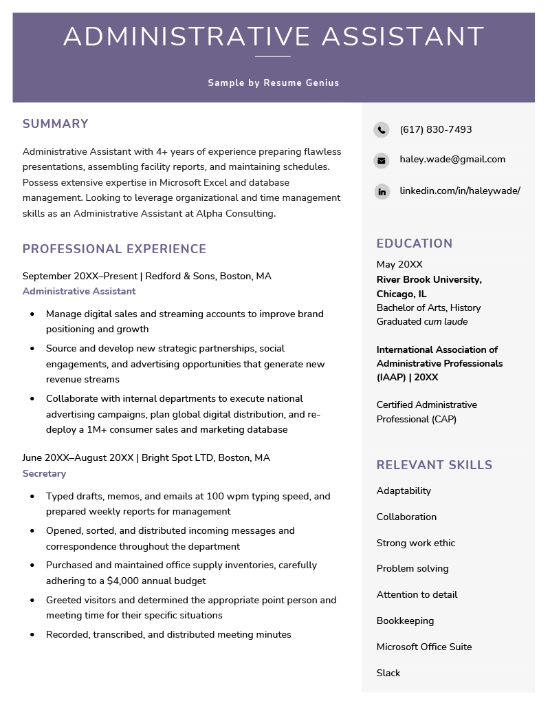 An example of an administrative assistant resume featuring a gray header and clean fonts.