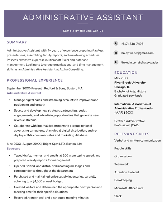 An example of an administrative assistant resume featuring a purple header and clean fonts.