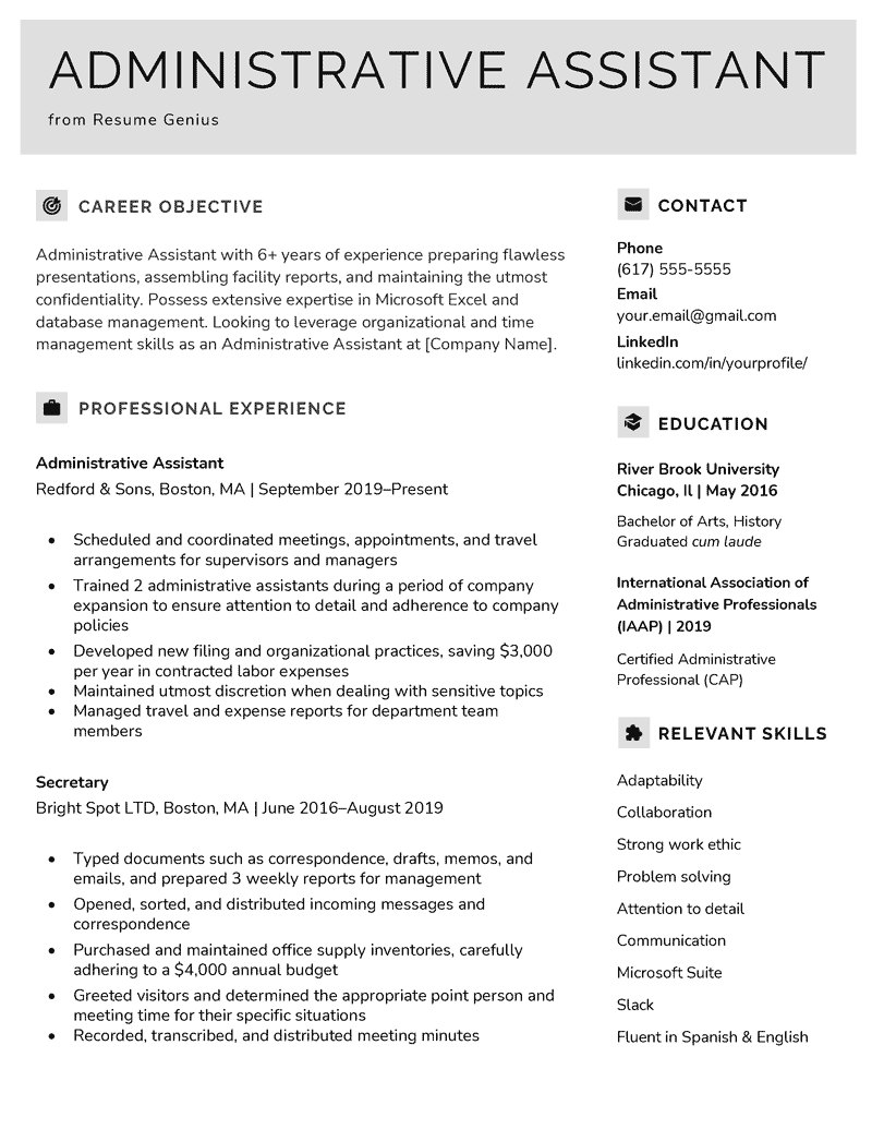 canadian resume sample for administrative assistant