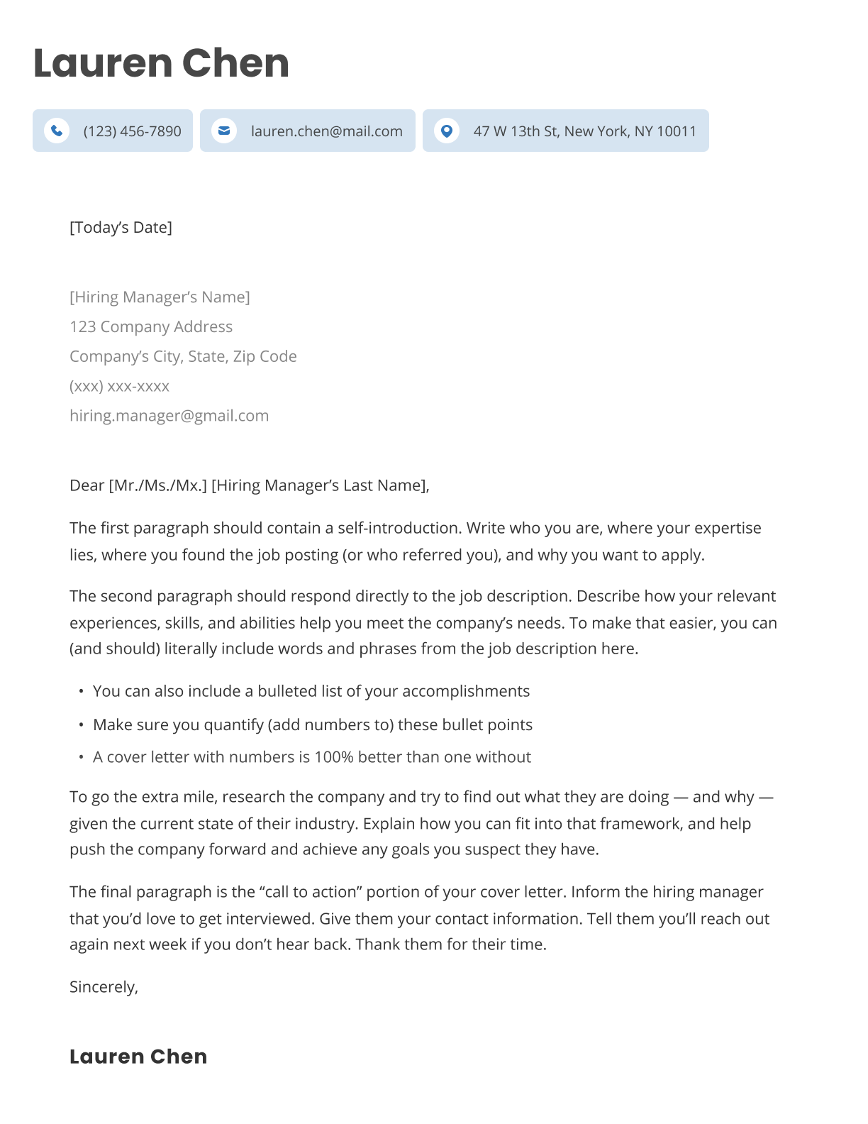 The Advanced cover letter template in blue.