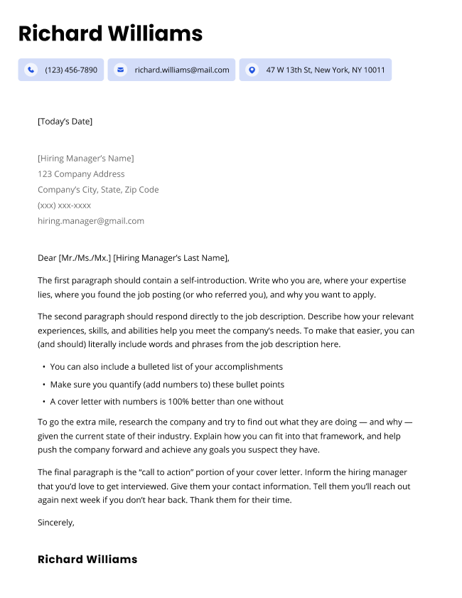 The Advanced cover letter template in blue, featuring a contemporary design and rounded bubbles for your contact information.