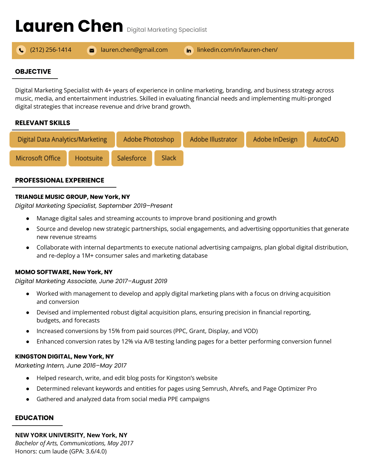 The Advanced resume template for Google Docs in yellow.