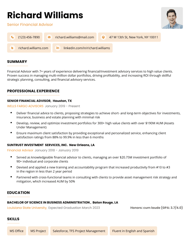 The Advanced resume template in orange, with modern-looking bubbles for the candidate's contact information and skills. There's a square on the top right that provides space for a headshot.