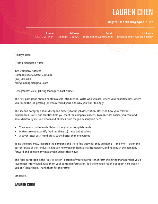 Our "Aesthetic" cover letter template with a bold red header.