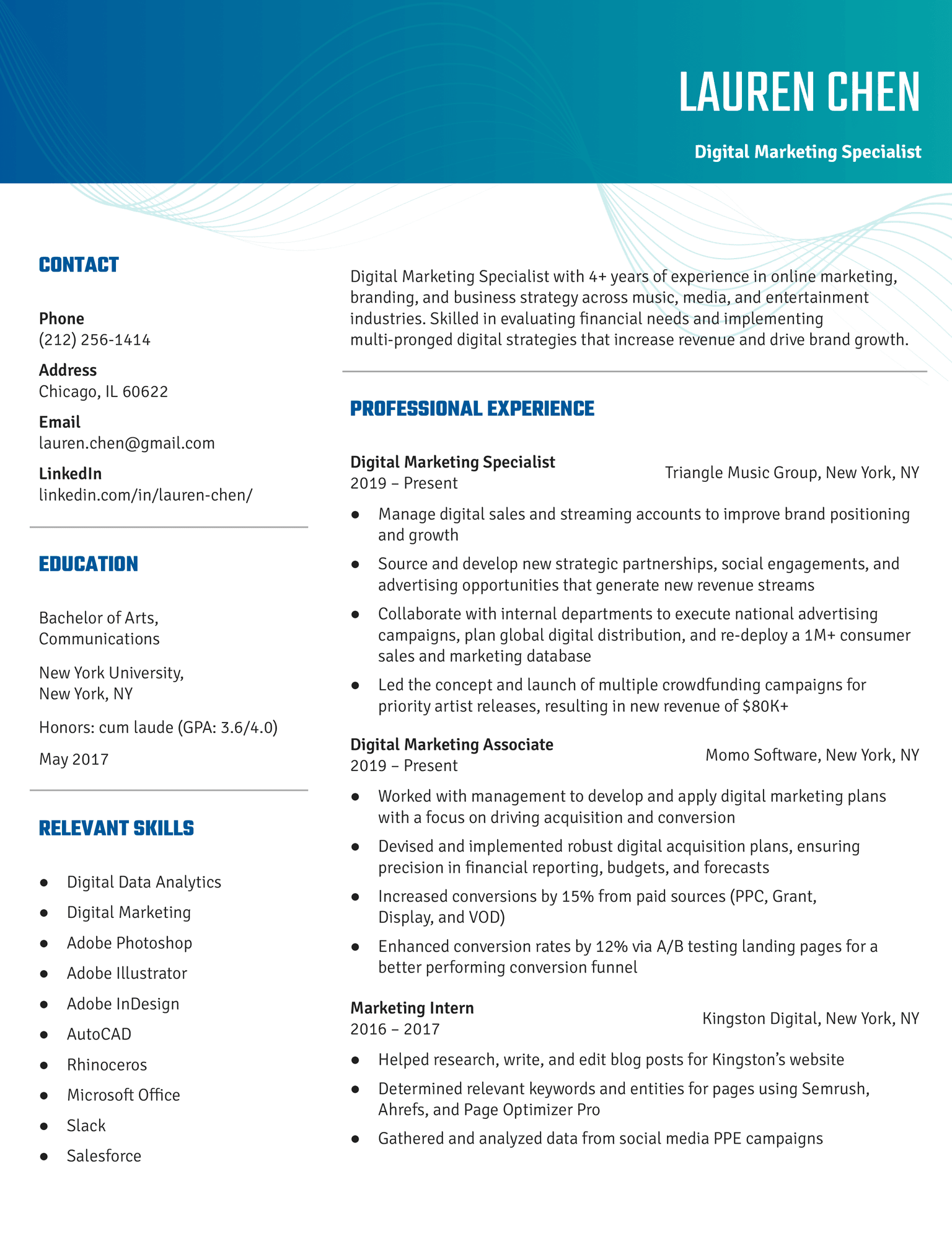 The Aesthetic resume template for Google Docs in turquoise.