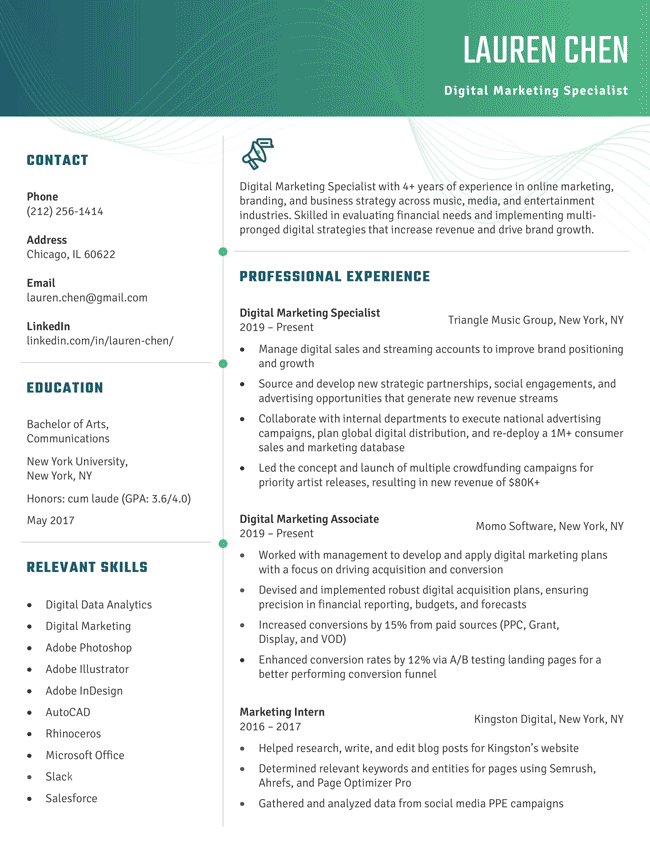 The Aesthetic modern resume template in green for the resume templates hubpage, featuring a colorful gradient header, bolded section headings, and tasteful visual elements
