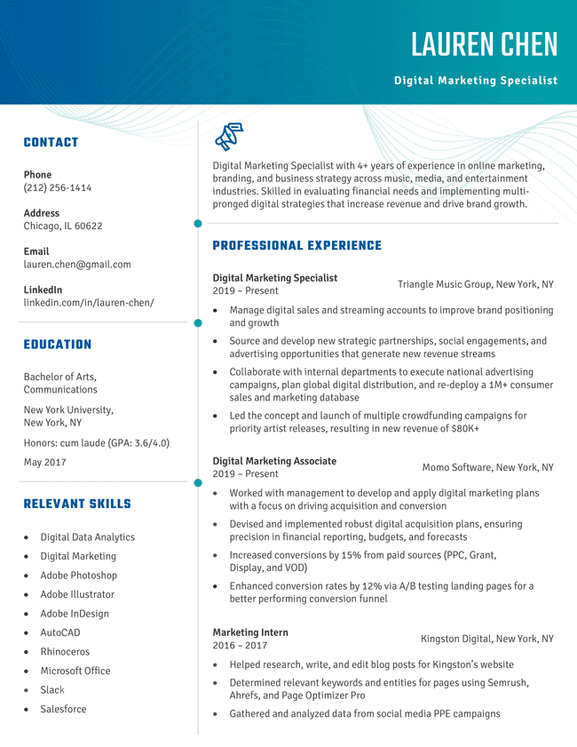 The Aesthetic modern resume template in turquoise, featuring a colorful gradient header, bolded section headings, and tasteful visual elements
