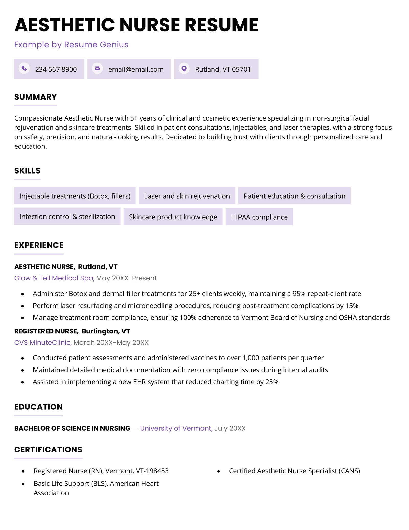 An aesthetic nurse resume example.