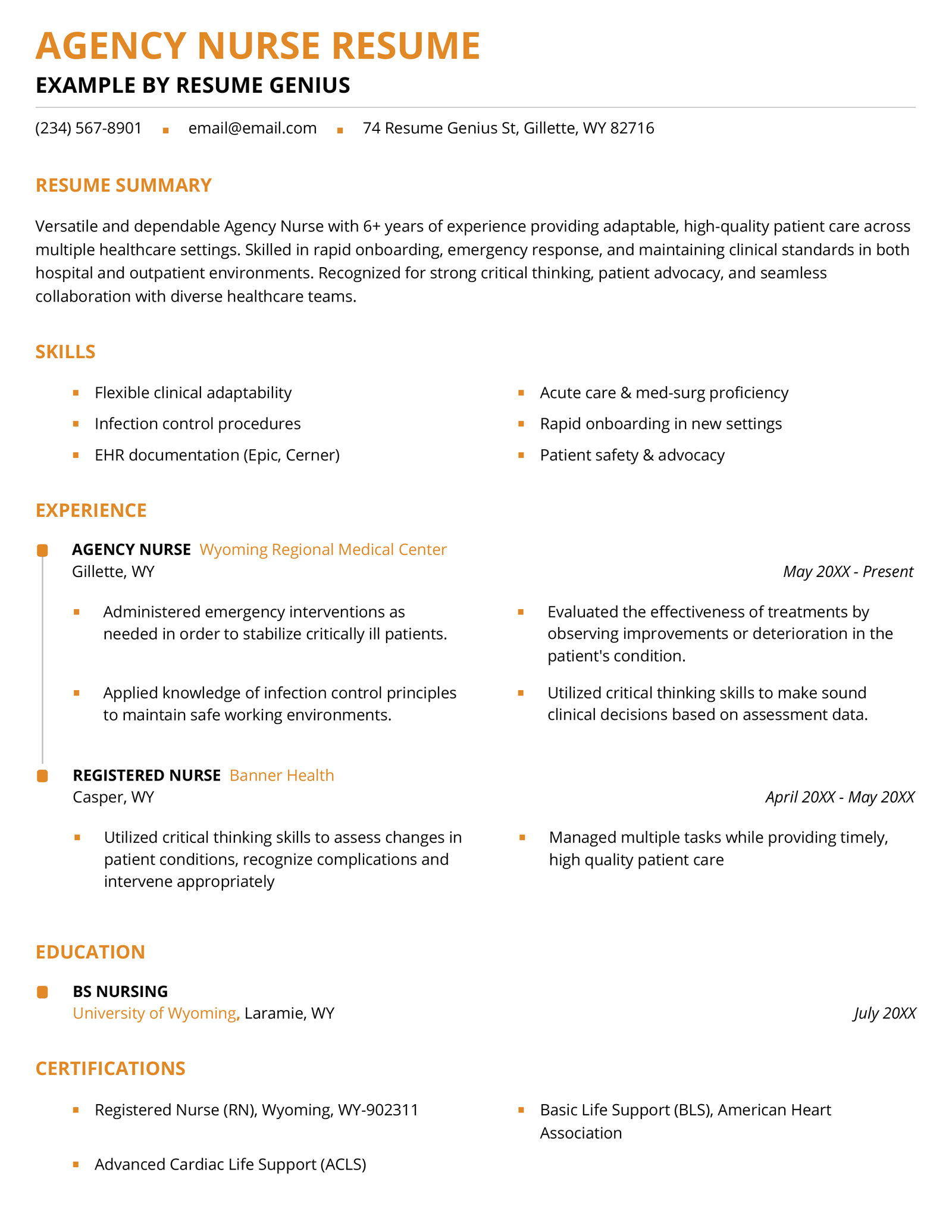 An agency nurse resume example.