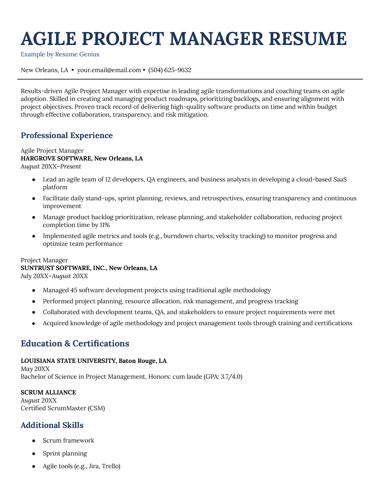 An example resume for an Agile Project Manager.