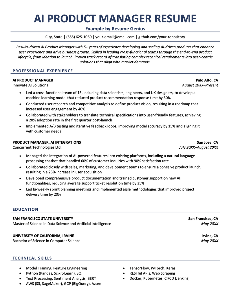 A sample resume for an AI product manager position