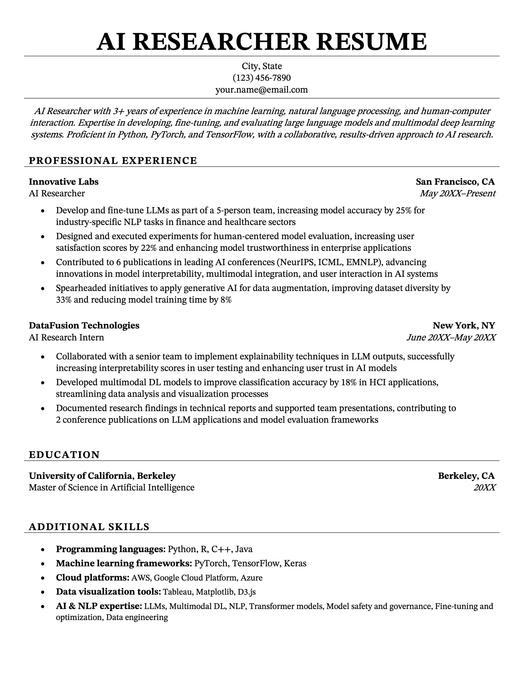 An AI researcher resume example using a professional black and white template.
