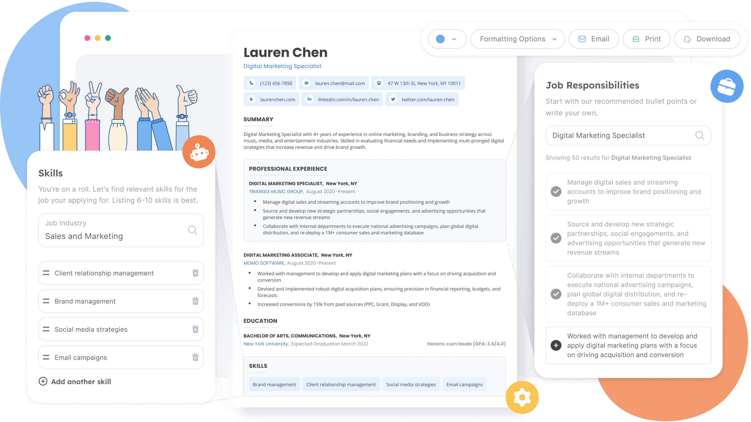 Illustration showing how the Resume Genius AI resume builder works, featuring skills suggestions.