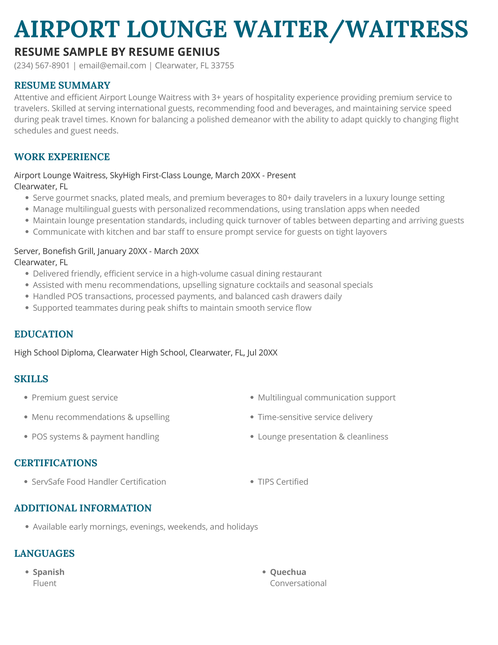 An airport lounge waiter/waitress resume example.