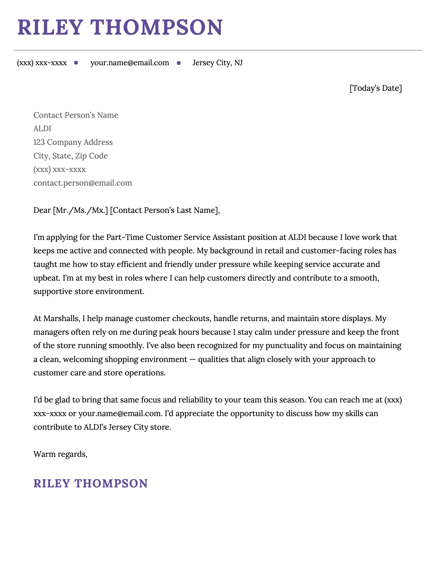 An example cover letter for a part-time customer service job at Aldi.