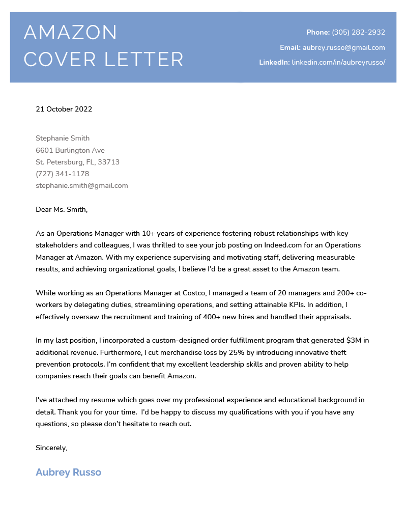 An Amazon cover letter with a light blue header for the applicant's name and contact information