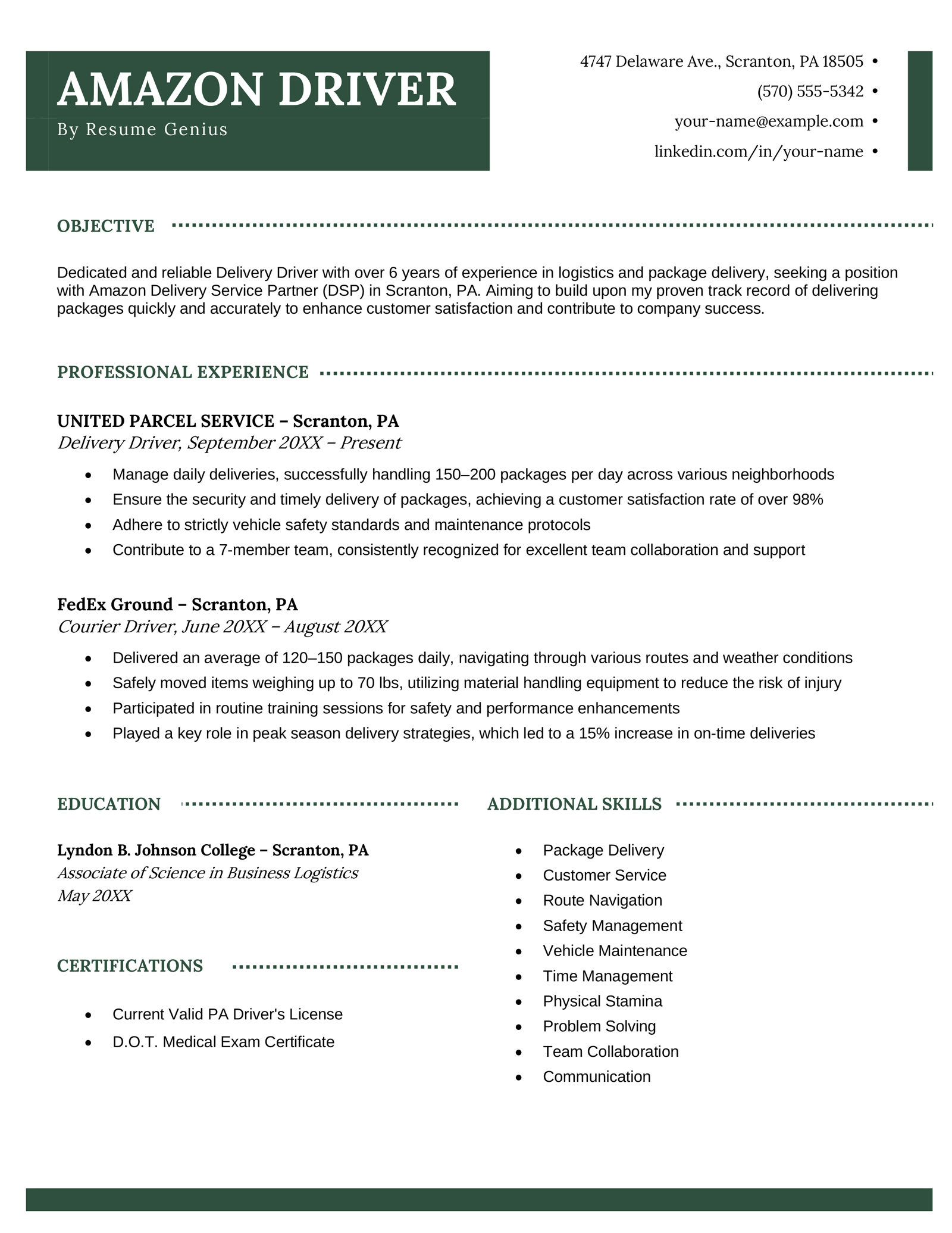 An Amazon driver resume example in green.