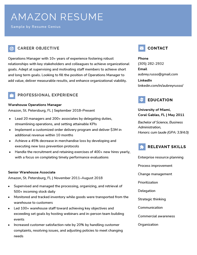 An amazon resume example for an operations manager