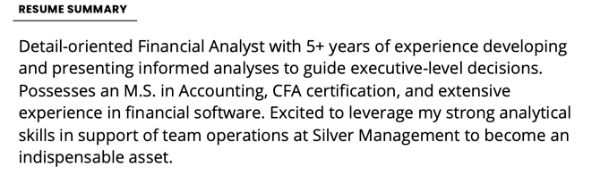 example of analytical skills in a financial analyst's resume summary