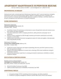An example apartment maintenance supervisor resume