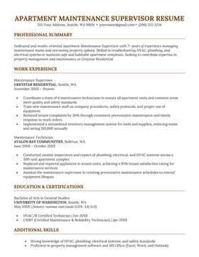 An example apartment maintenance supervisor resume