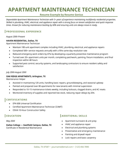 An apartment maintenance technician resume example.