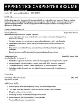 Example of an apprentice carpenter resume